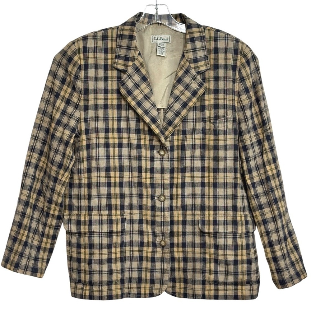 Vintage LL Bean Blazer Women Madras Plaid Navy Tan Linen Preppy Coastal 14